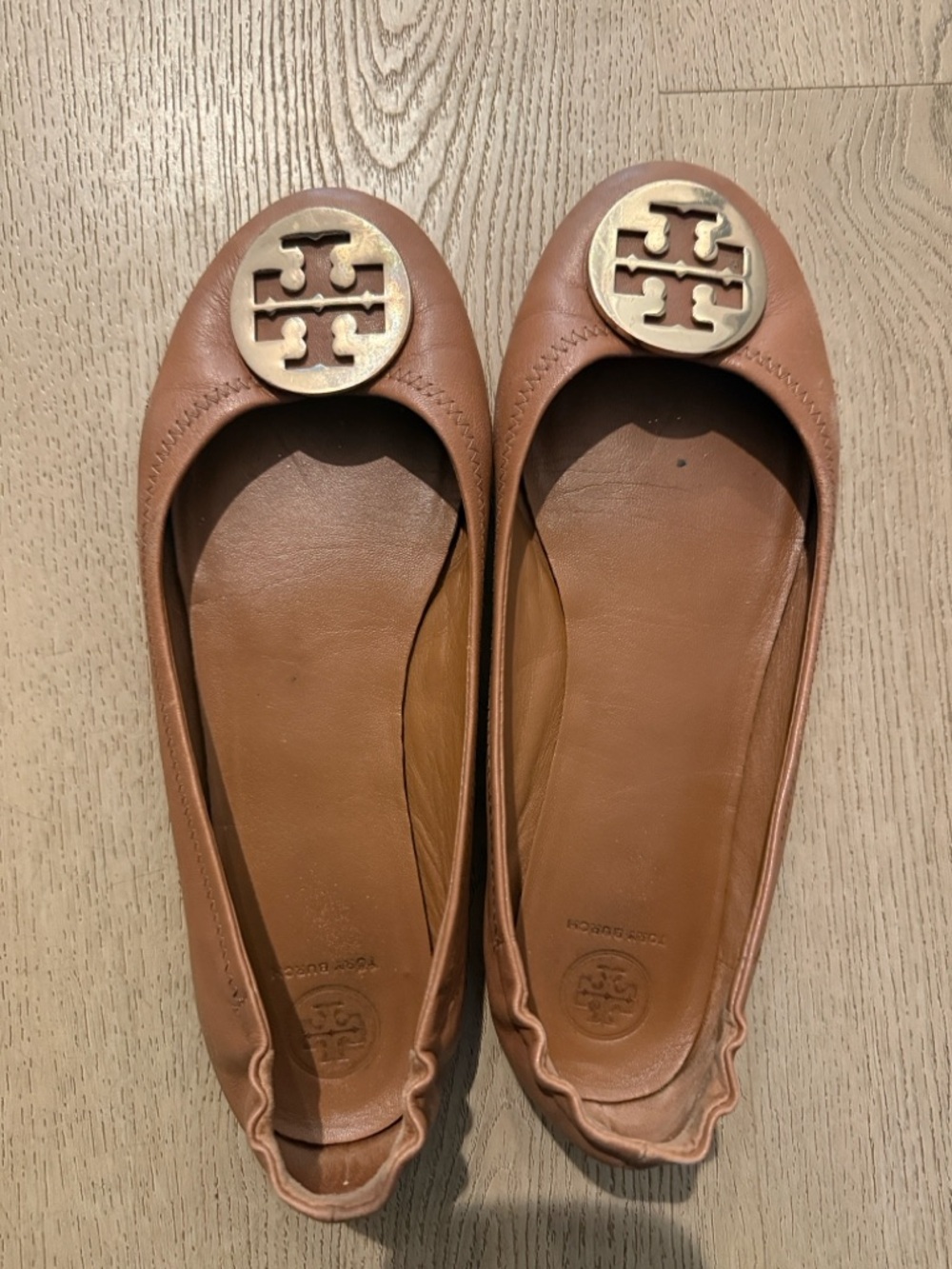 Tory Burch Tan Leather Logo Ballet Flats with Gold Emblem